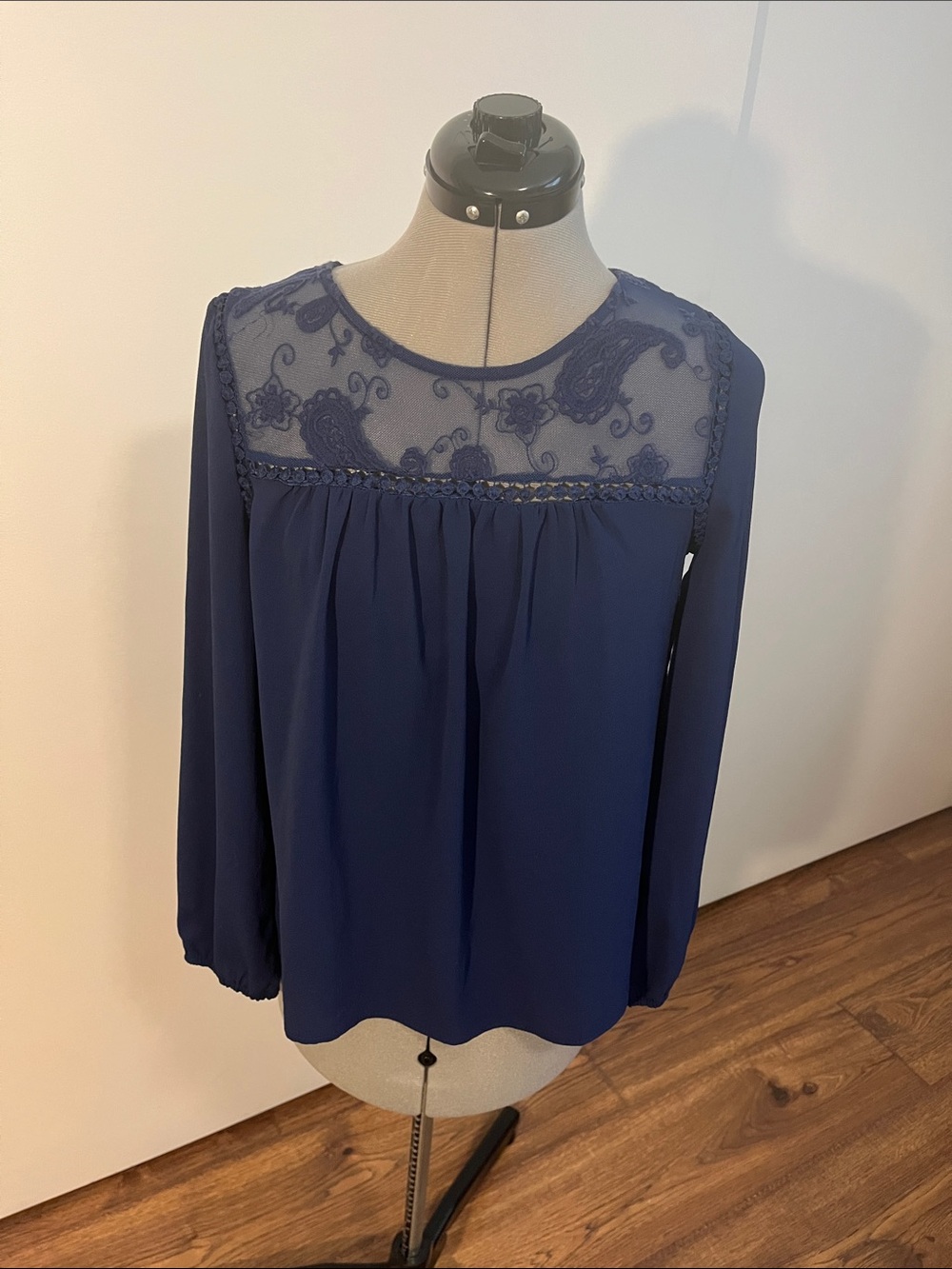 mine Navy Lace Yoke Long Sleeve Blouse